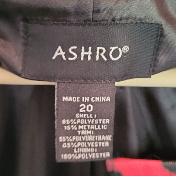 Ashro Black Trench Coat with Faux Red Leopard Print Trim, Gold Threading Size 20 - Picture 10 of 14